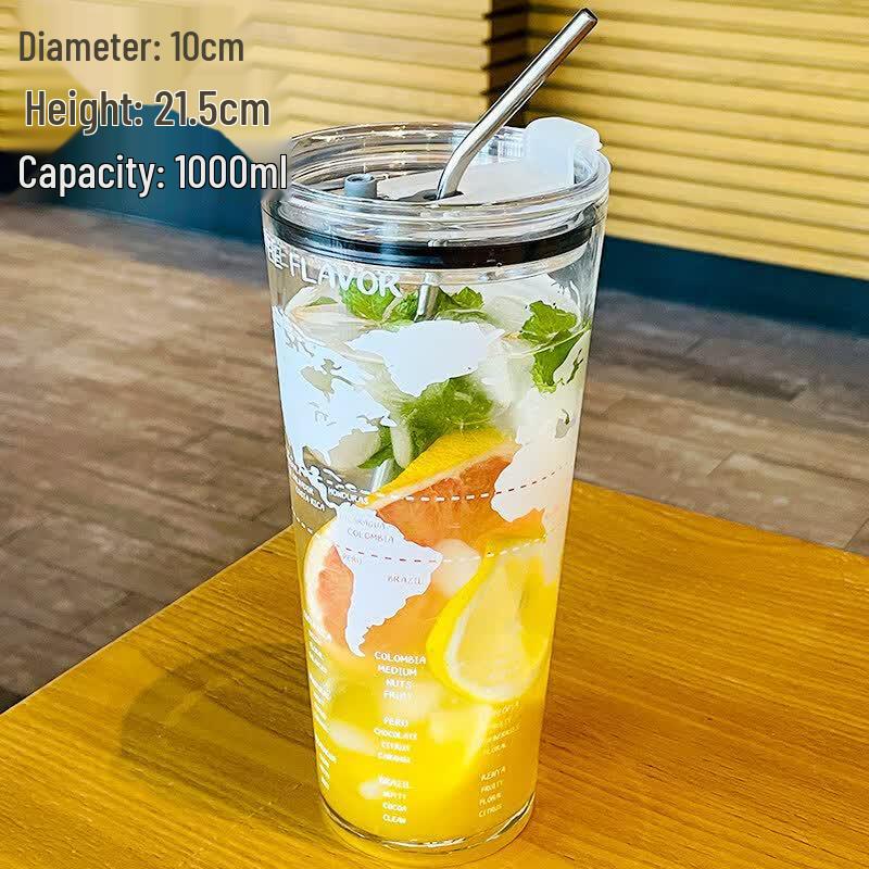 Qiwei 1000ml Large Capacity Heat-Resistant Glass Cup with Straw
