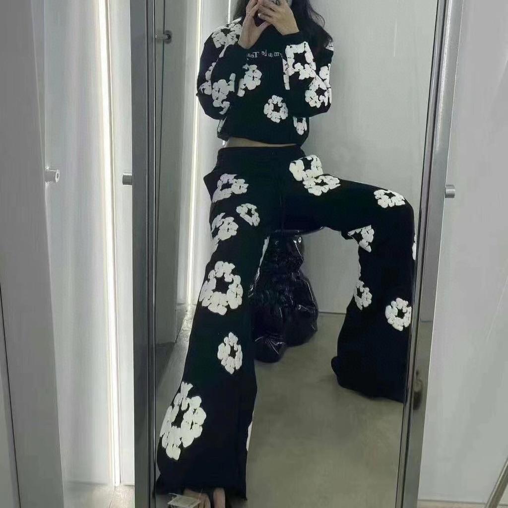 Unisex American Retro Streetwear Vintage Kapok Print Hip Hop Pants Wide-leg Casual Trousers for Men Women
