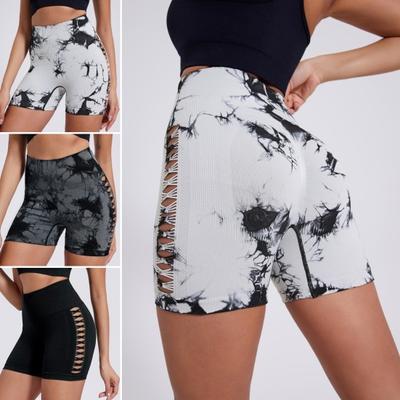 Yoga Shorts Slim Fit High Elasticity Tummy Control Seamless Quick Dry Tie-dye Hollow Out Anti-exposure Butt Lifted Soft High Waist Jogging Running