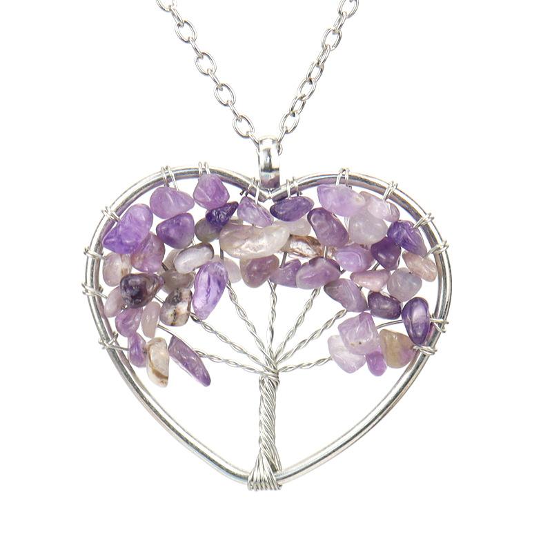

Hand-Wound Crystal Gravel Colorful Tree Of Life Love Heart Necklace Peach Heart Necklace N38 аметист