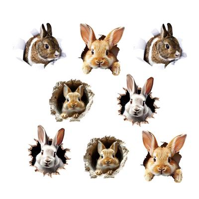 4 Sheets Easter Bunny Wall Sticker Waterproof Self-adhesive 3D Effect Broken Wall Simulation Rabbit Home Living Room Wall Art Decoration Decal