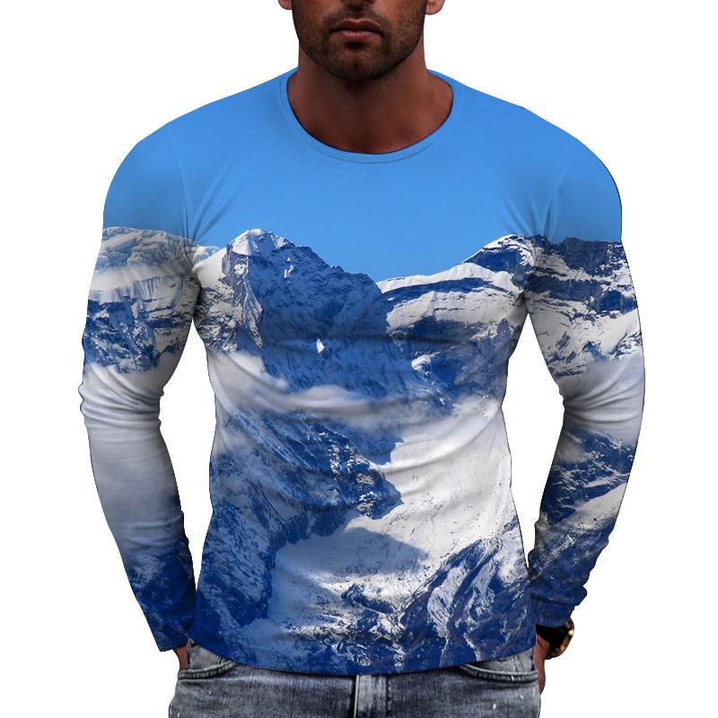 

Snowy Mountain Pattern Men s T-shirts Scenery 3D Printed T-shirts Summer Casual Long Sleeves O-Neck Loose Tops S