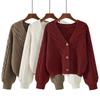 Retro style thin v-neck knitted cardigan women's short sweater twist stripes spring and autumn loose thin outer fit