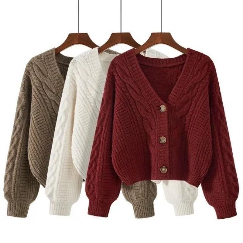 Retro style thin v-neck knitted cardigan women's short sweater twist stripes spring and autumn loose thin outer fit