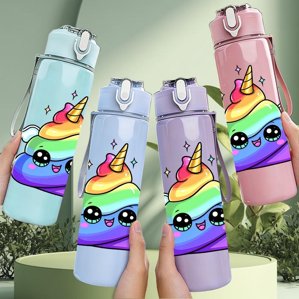1PC Rainbow Unicorn Cartoon Pattern 750ml Color Plastic Sports Water Bottle Leakproof Flip Straw Lid Suitable for Sports Office Home Use