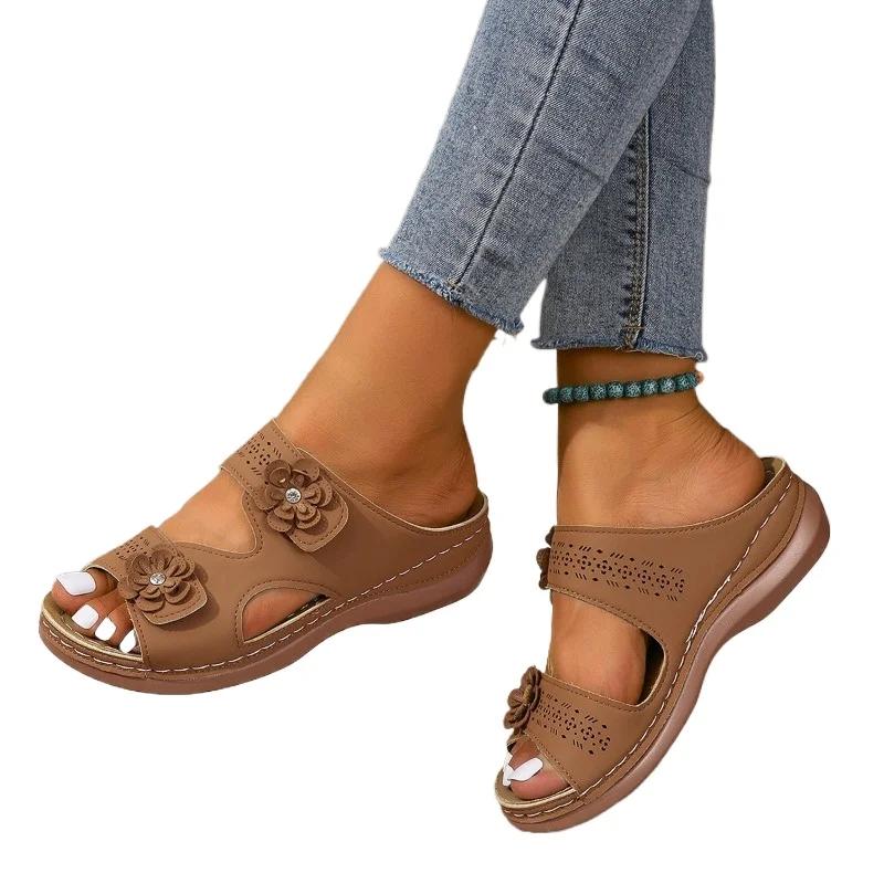 Fashion Ladies Shoes 2024 Hot Sale Open Toe Women's Slippers Summer Rome Hollow Solid Outdoor Casual Beach Wedge Slippers Zapatos Mujer