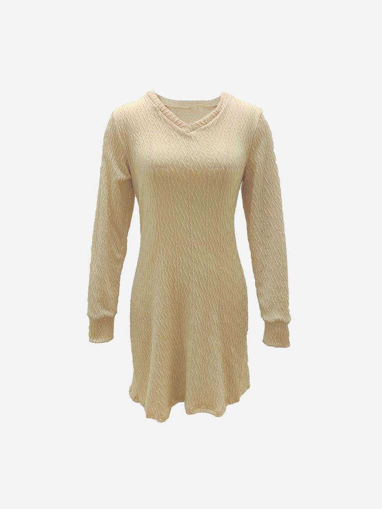 Elegant French V-neck A-line Textured Autumn Dress - Women's Long Sleeve Solid Color