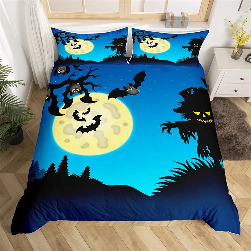 Halloween Duvet Cover Horror Pumpkin Lantern Bedding Set Polyester Crazy Scary Horseman Comforter Cover King For Kids Boys Girls