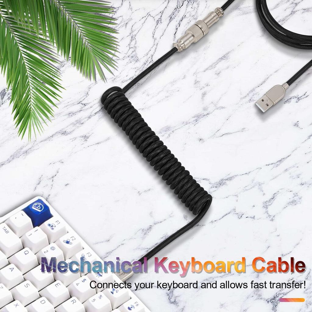 Twozoh USB C Gaming Keyboard Coiled Cable, Double Sleeved Mechanical Detachable Metal Aviator Keyboard Cable (Blue) - Invoice Available