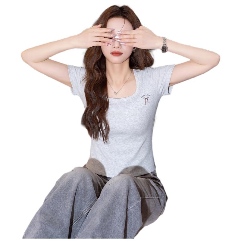TonLion Women s Bow Pattern Square Neck Slim Fit Tee L