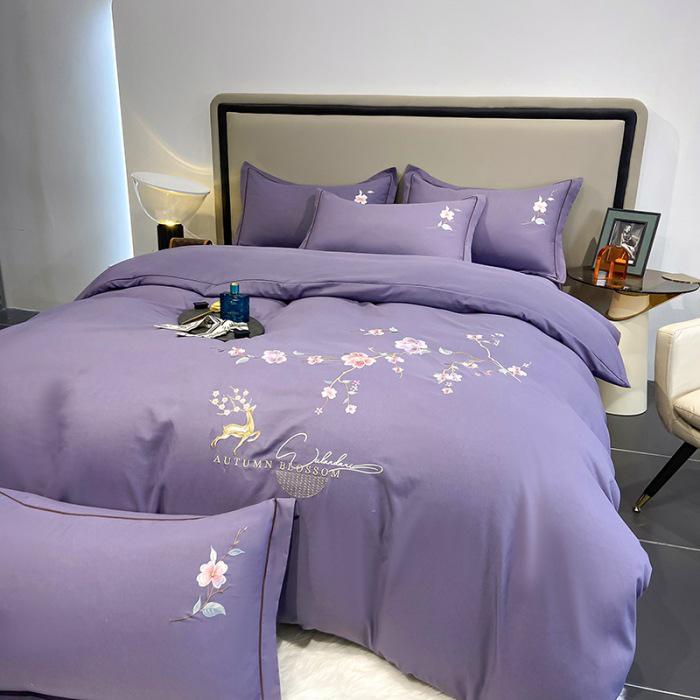Embroidered Cotton Flannel 4-Piece Bedding Set - Solid Color, Warm Bed Sheets & Duvet Cover