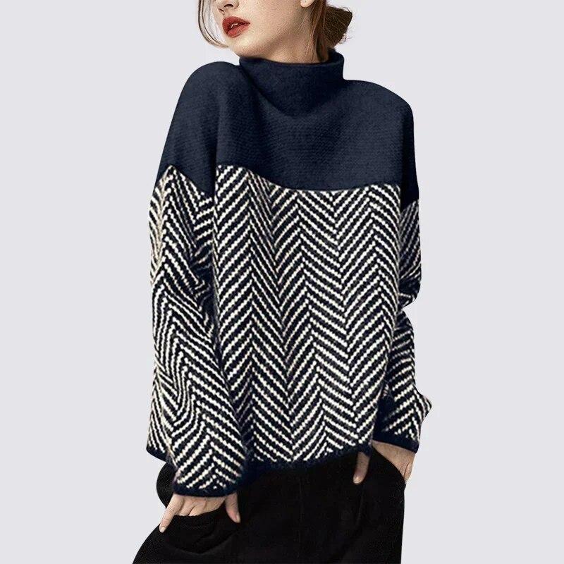 Women's Vintage Striped Half Turtleneck Knitted Sweater, Thick Loose Pullover, Winter Fashion Casual Jumper Tops