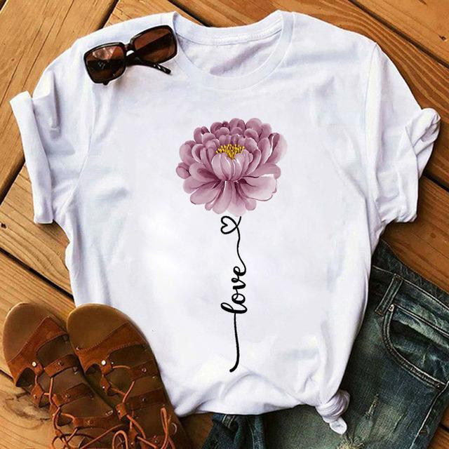 New Fashion Women Black T Shirt Friends Gift Flower Love Print Cute Tee Shirt Female Harajuku Tops Woman Short Sleeve T -Shirts
