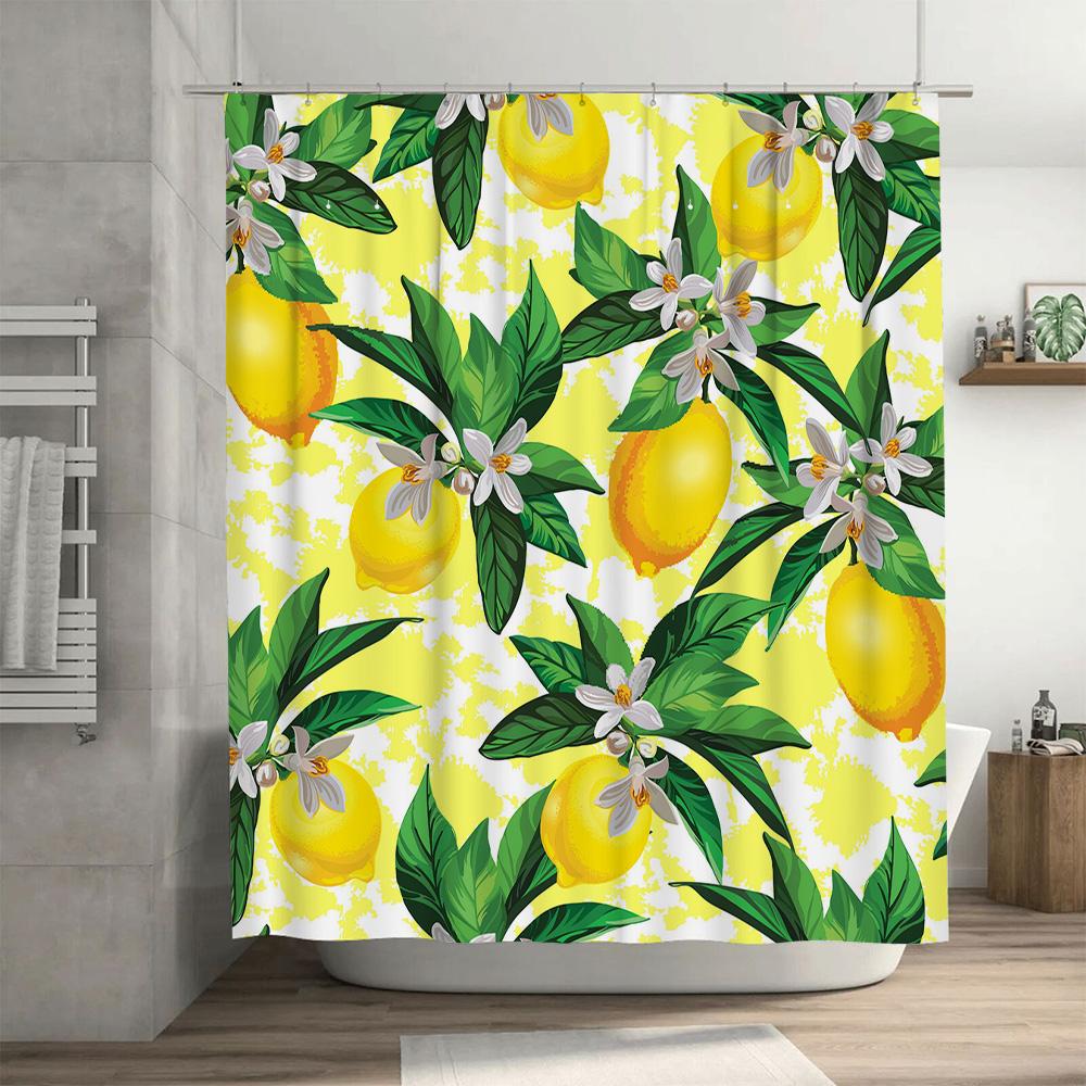 Lemon Yellow Shower Curtain, Lemon Print Bath Decor, Fruit Pattern Fabric Bathroom Shower Cloth, Waterproof Hanging Home Decorat