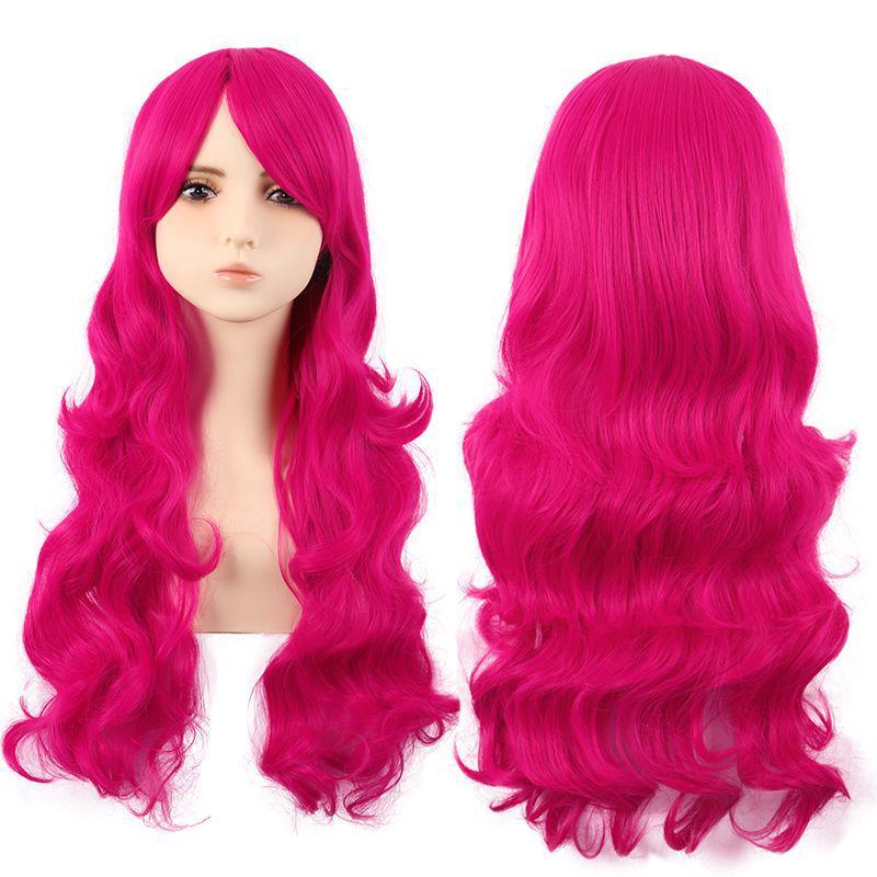 Flerfärgad 70 cm lång lockig animeperuk: Rotfrukt Rosa, Ljusguld, Svart, Roseröd Som Tillval