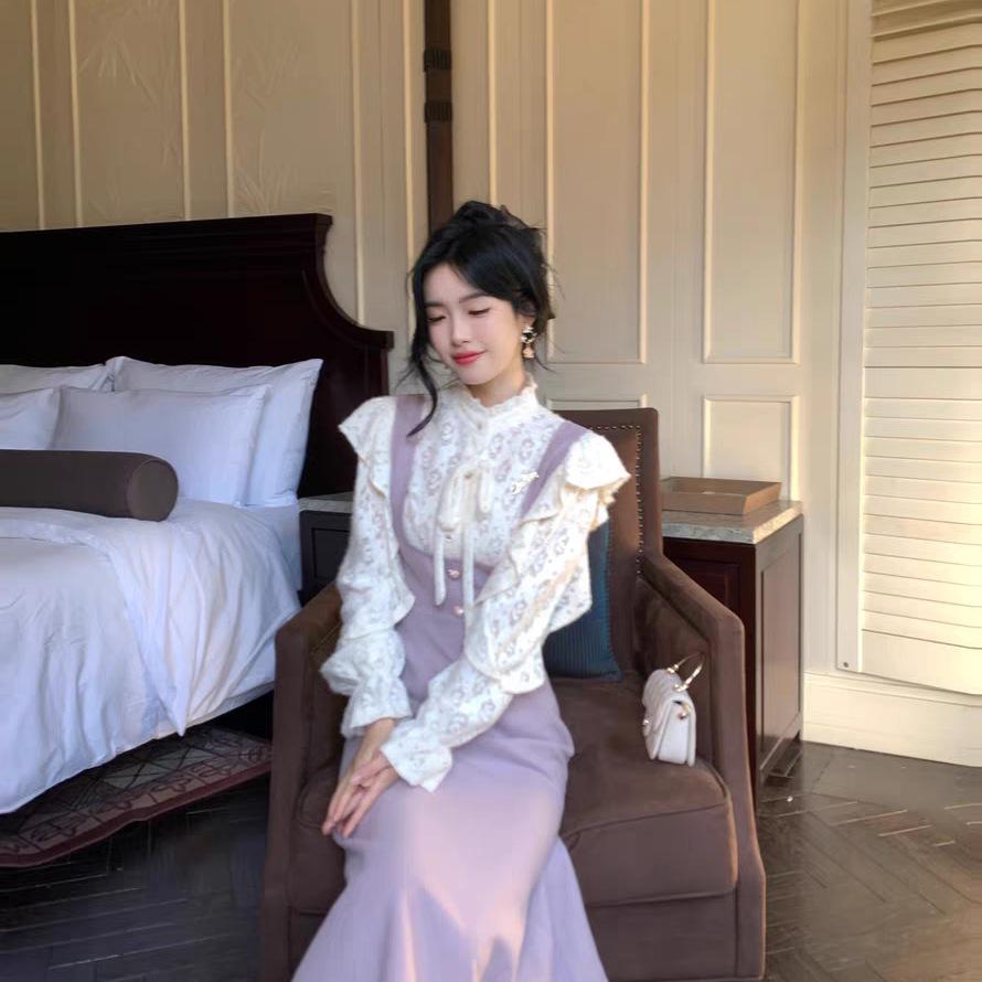 French retro lace splicing ruffle edge fake two-piece dress fat mm thin belly gentle temperament