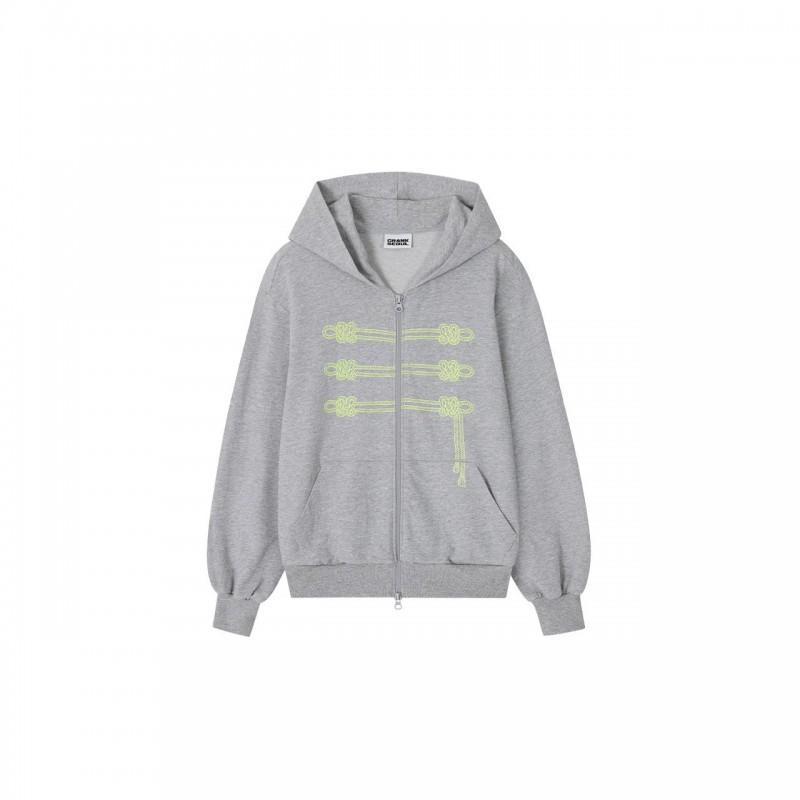 Womens Loose Hooded Cardigan Sweatshirt Gray Printed Long Sleeve Coat Casual Style