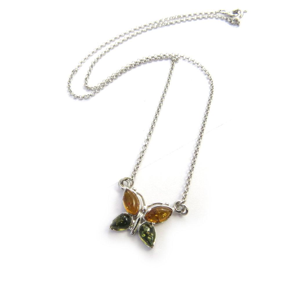 Les Trésors De Lily [N2818] - Silberkette 'Schmetterling' Bernstein cognac und grün (rhodiniert) - 16x12 mm