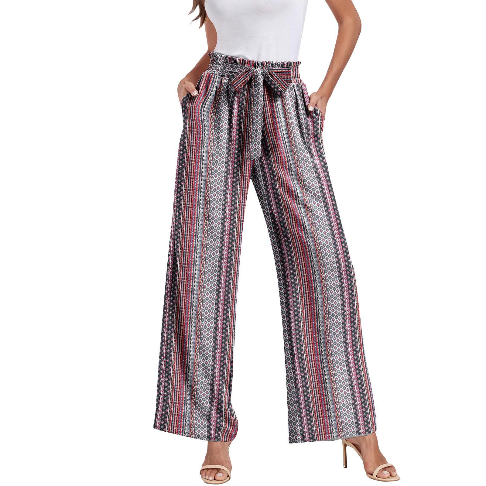 

Women s Fashion Wide Leg Pants Bow Loose High Waist Pleated Casual Print Trousers M фіолетовий