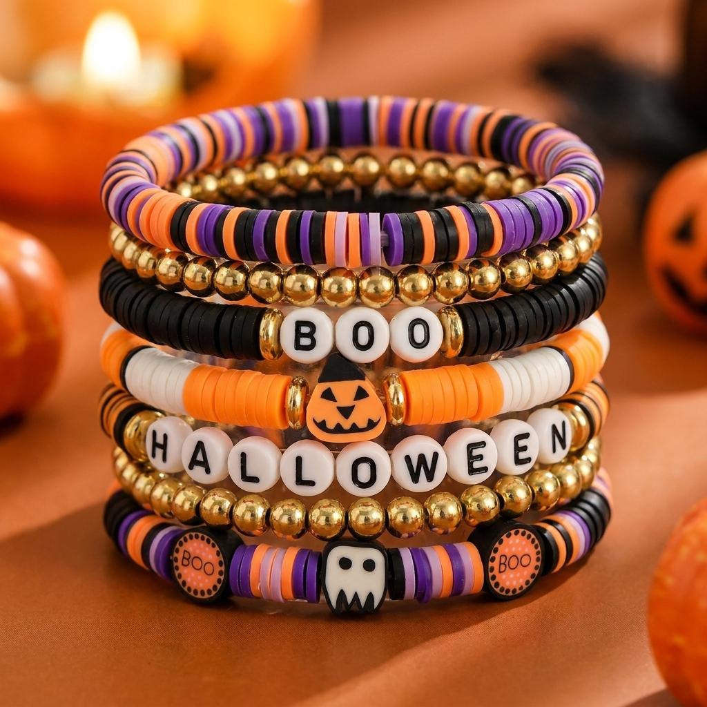 Halloween Multilayer Stretch Bracelets For Women BOO Letter Ghost Pumpkin Clay Beads Stretch Bangles Party Costume Charm Jewelry