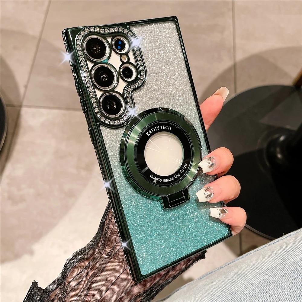 Plating Gradient Glitter Diamond Stand Holder Magnetic Case For Samsung S24 S23 Ultra S22 Plus/iphone 15 14 13 12 11 Pro Max Magsafe Protection Cover
