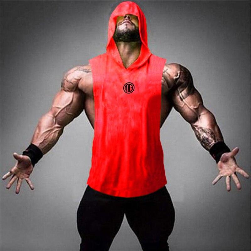 Muscleguys Summer Men's Cotton Breathable Sweat Absorbing Sports Hooded Vest Fitness Loose Sleeveless T-shirt