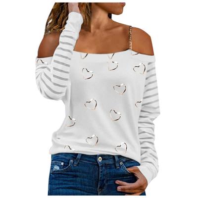 Damenmode Lässig Liebesdruck Gestreift Langärmlig U-Boot-Ausschnitt Metallkette Schulterriemen T-Shirt Top