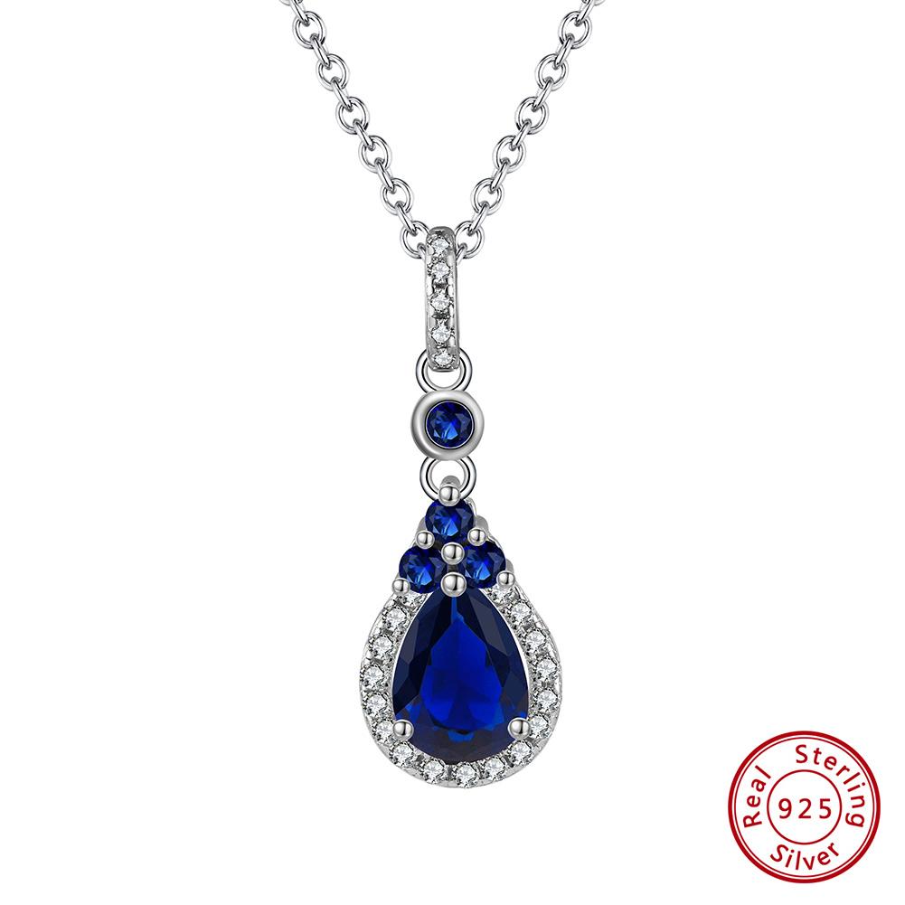RINNTIN SLZN10 925 Sterling Silver Pear Shape Sapphire Pendant Necklaces for Women Blue CZ Crystal Zircon Necklace 18inches