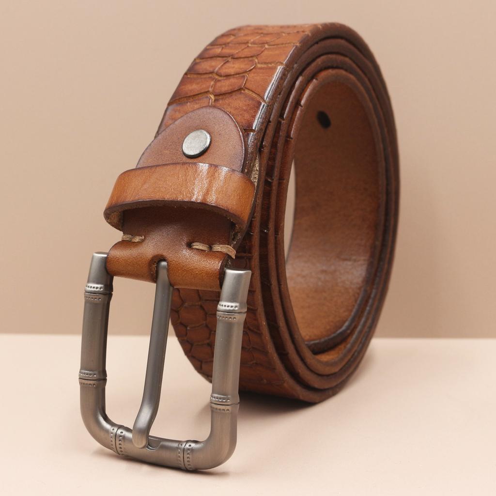 3.8CM Men's Belt Genuine Leather Belt Casual Retro Washing Crocodile Pattern Head Layer Cowhide Belt