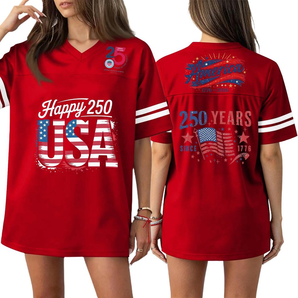 Damska Codzienna Modna Koszulka Sportowa z Dekoltem V z Nadrukiem na Dzień Niepodległości Krótkim Rękawem Top