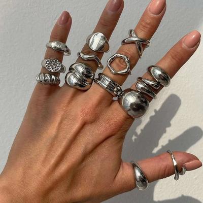 PuRui 14 Stuks/Set Retro Creatieve Zilverkleurige Ringen voor Vrouwen Mannen Gothic Dikke Holle Ringen Vinger Open Verstelbare Sieraden