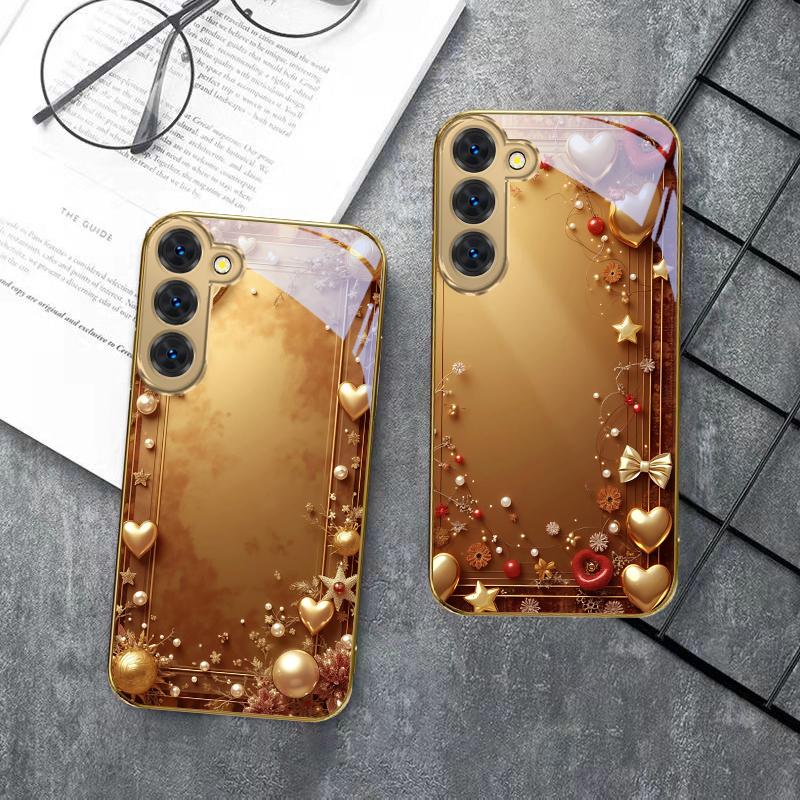 Cinta dorada y lazo Para Samsung Galaxy S26 S20 FE S21 S22 S23 Plus S24 Ultra S25Ultra S21+ S22Plus Funda de teléfono de cristal dorado