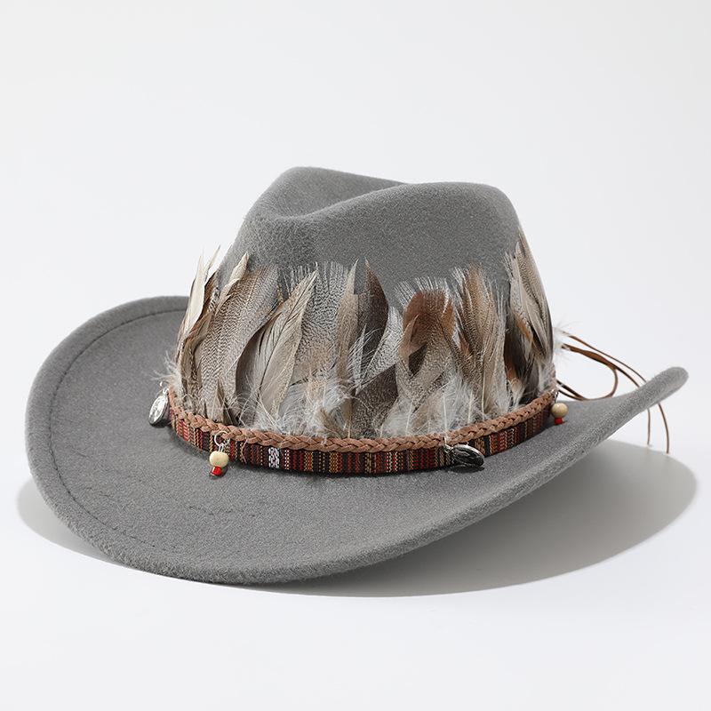 Autumn and winter new woolen top hat men and women couple hat minority style feather decorative western cowboy hat