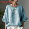 Camicia da donna in cotone e lino, vestibilità larga, con scollo rotondo e maniche corte, per un look casual primaverile