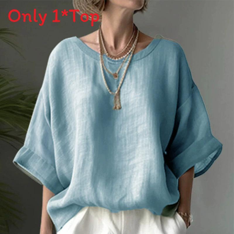 Camicia da donna in cotone e lino, vestibilità larga, con scollo rotondo e maniche corte, per un look casual primaverile