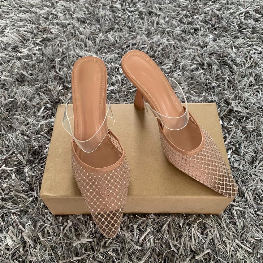 

Women High Heels Sandals Summer Elegant Pointed toe Fashion Mesh Rhinestone luxury Party Lady Mules Shoes 40