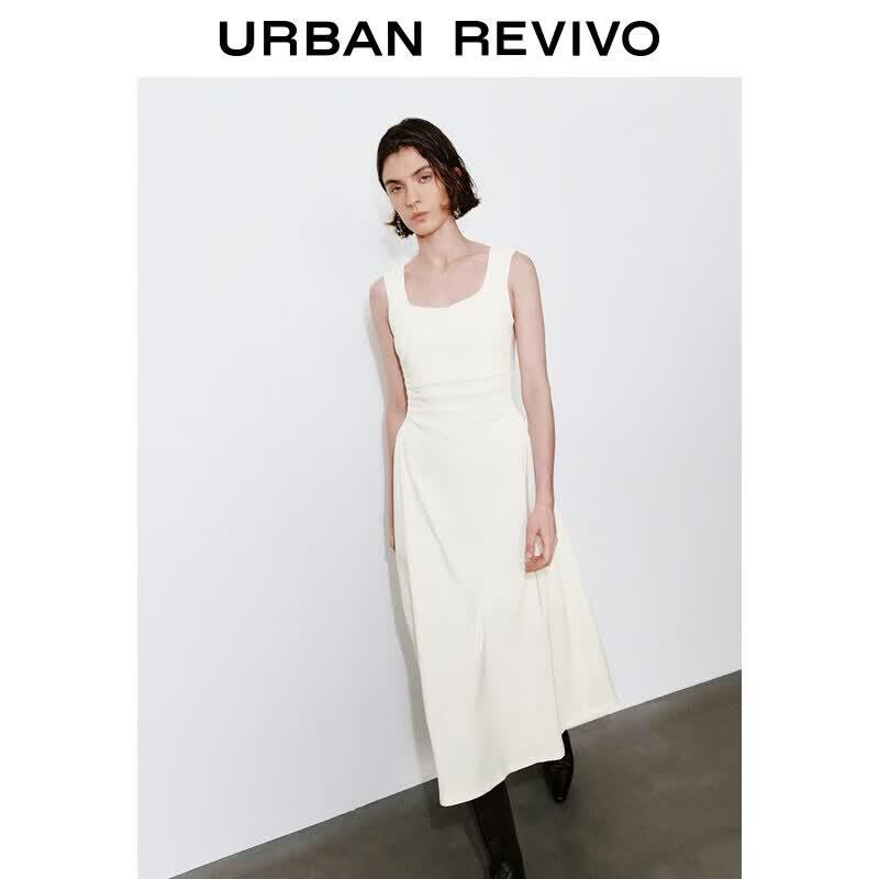UR Women s Elegant U-Neck Pleated Waist Long Dress S