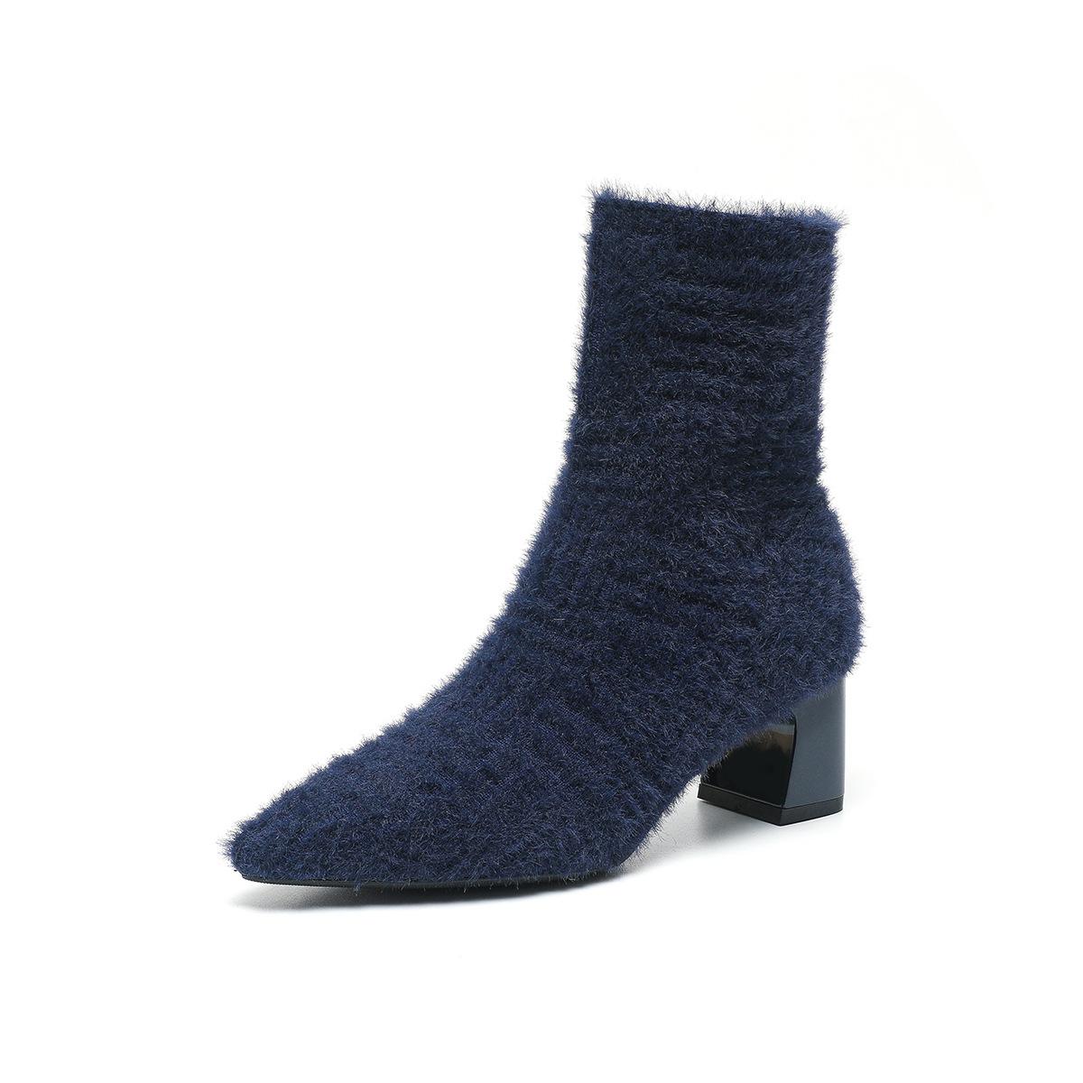 

Жіночі зимові теплі шкарпетки Ботильйони Гострий носок Низький масивний каблук Еластичні ботфорти Взуття для жінок Зручні в’язані черевики челсі 40 синій