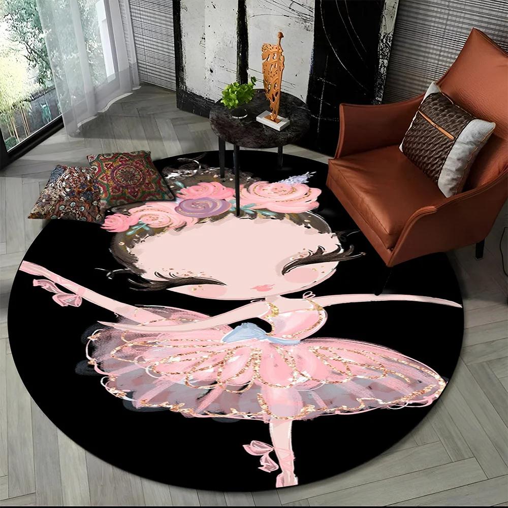 Cartoon Ballet Girl Round Carpet Fairy Ballerina Unicorn Rug for Living Room Bedroom Child Room Decor Doormat Non-slip Floor Mat