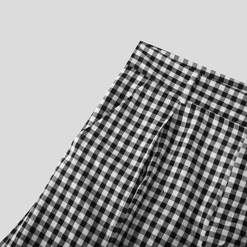 INCERUN Men Zipper  High Waist Plaid Print Casual Loose Straight Capri Pants