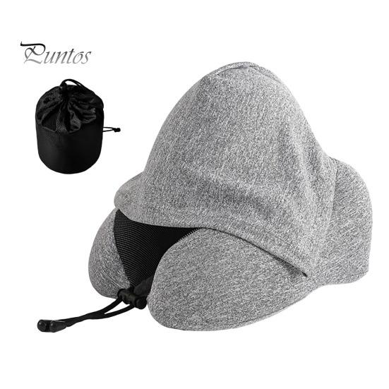 Travel Neck Pillow with Hood Memory Foam U-shaped Pillow with Adjustable Drawstring Breathable Neck Cushion for Airplane Car Long Flights Road Trips