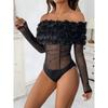 Women Sexy Mesh Off Shoulder Floral Long Sleeve Tight High Waist One Piece Jumpsuit