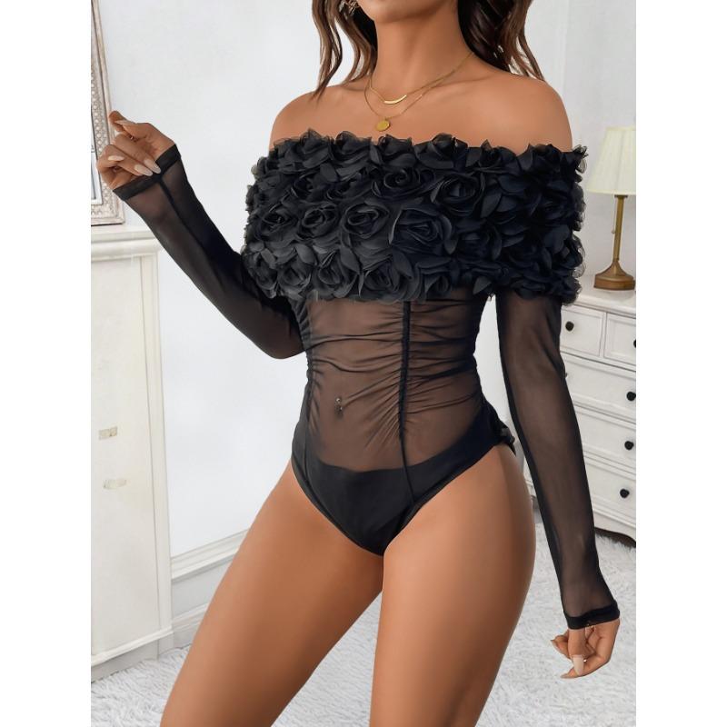 Women Sexy Mesh Off Shoulder Floral Long Sleeve Tight High Waist One Piece Jumpsuit