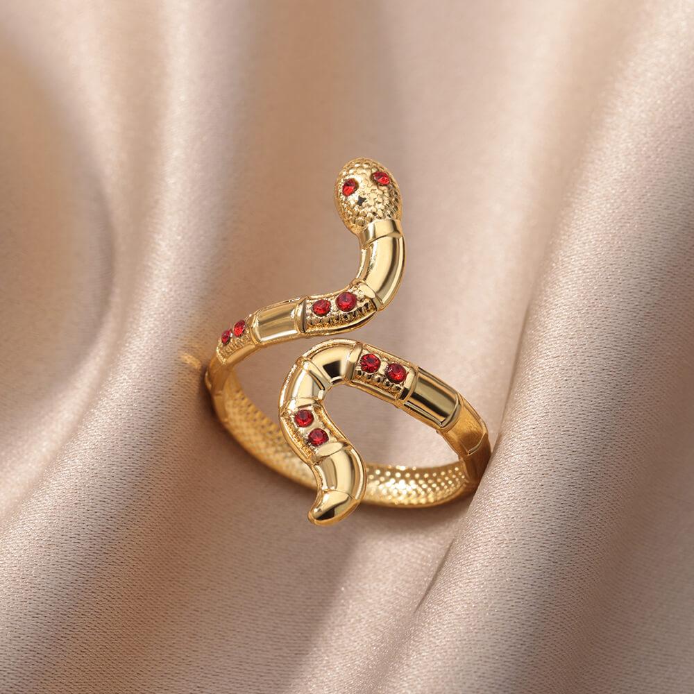 Zircon Snake Rings For Women Men Stainless Steel Gold Color Open Adjustable Ring Vintage Gothic Aesthetic Jewelry Anillos Mujer