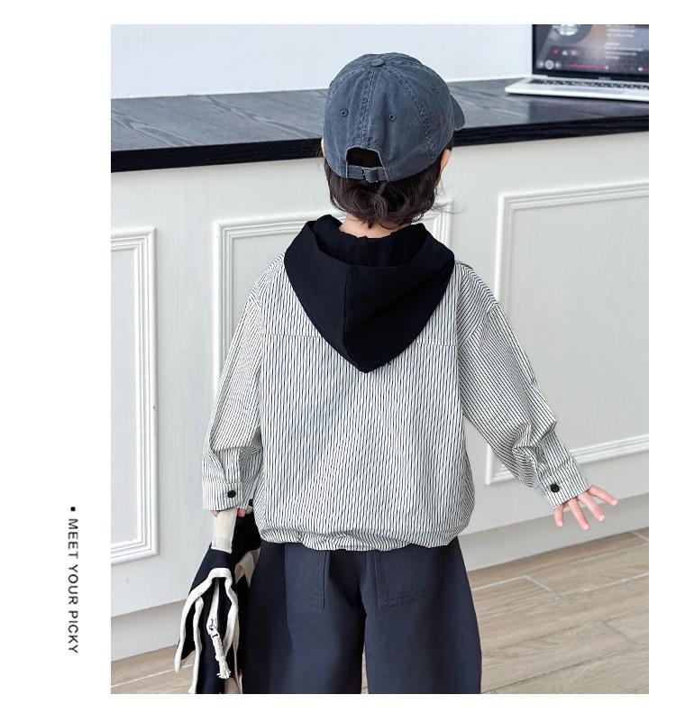 2026 Spring/Autumn Striped Faux Two-Piece Hooded Shirt for Boys & Girls - Trendy, Versatile Long-Sleeve Top