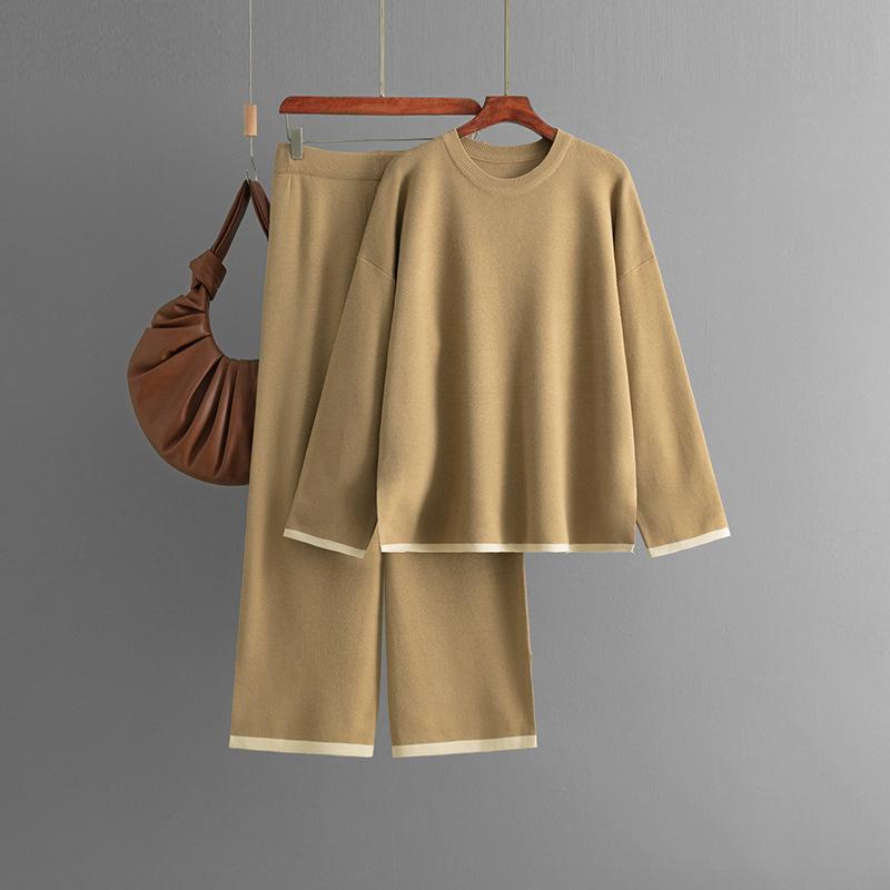 Fall Winter Lazy Wind Loose O-Neck Pulllover Sweater Suit Women's Solid Color Long Sleeve Knit Wide Leg Pants Two Piece Set
