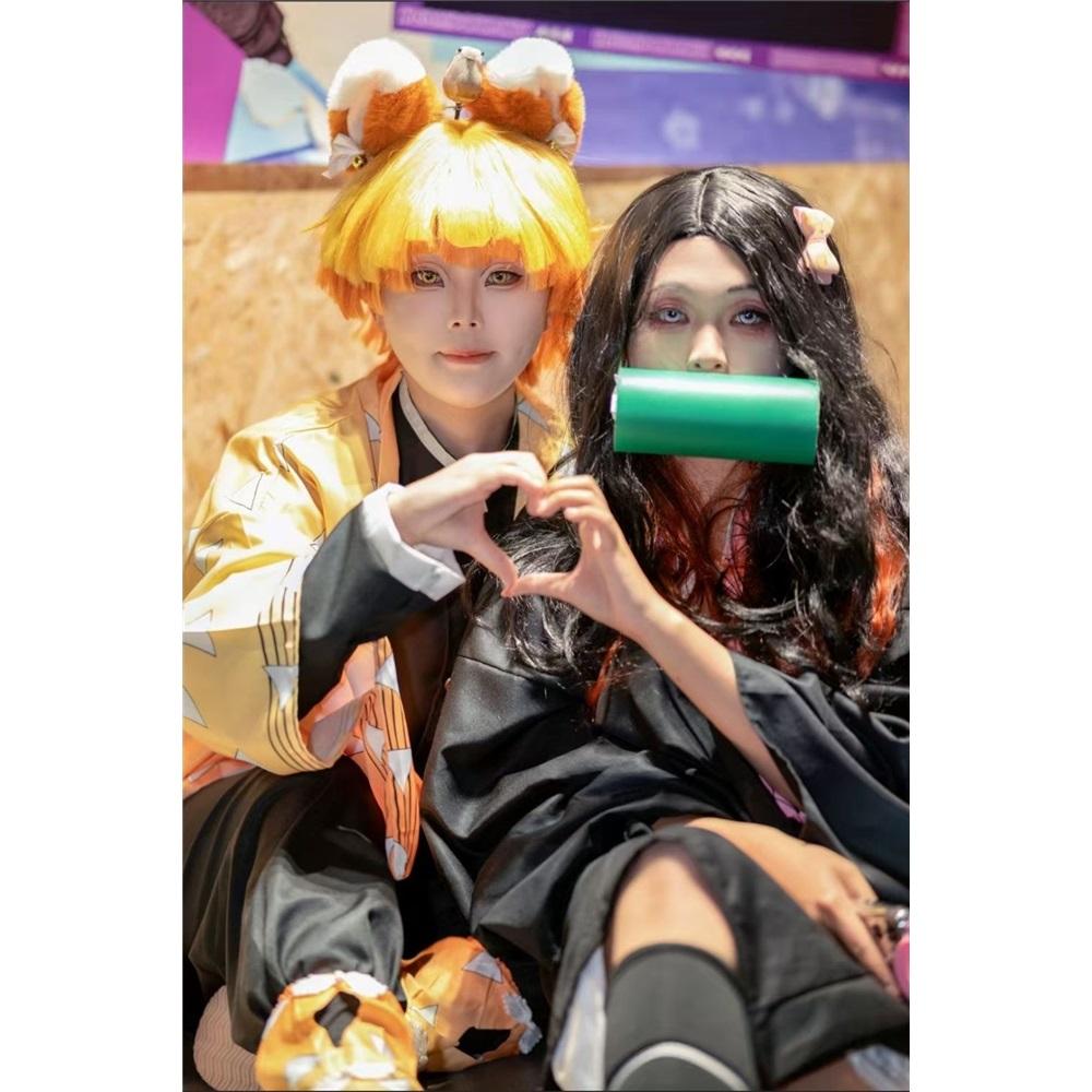 Agatsuma Zenitsu Cosplay Costume Wig Haori Embroidery Top Elastic Pants Belt Rose Net Cos Halloween Christmas Gift