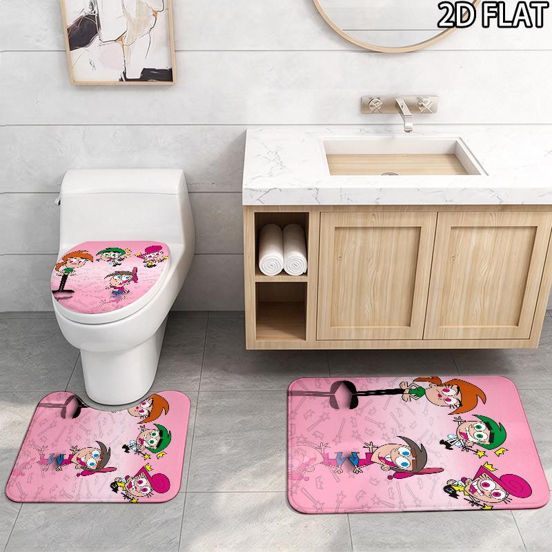 3pcs The Fairly OddParents Pattern Flannel Nonslip Absorbent Washable Decorative Bathroom Home Toilet Seat Cover Mat