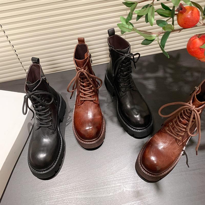 Polished First-layer Cowhide Martin Boots Women's Locomotive Boots Autumn and Winter New Thick-soled Medium Heel Strap Casual Women's Short Boots