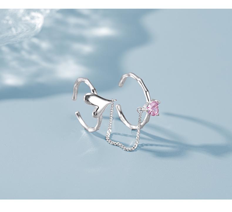 Banyan Tree S925 Silver Double Love Ring: Cold Style Open Index Finger & Chain Trend for Women